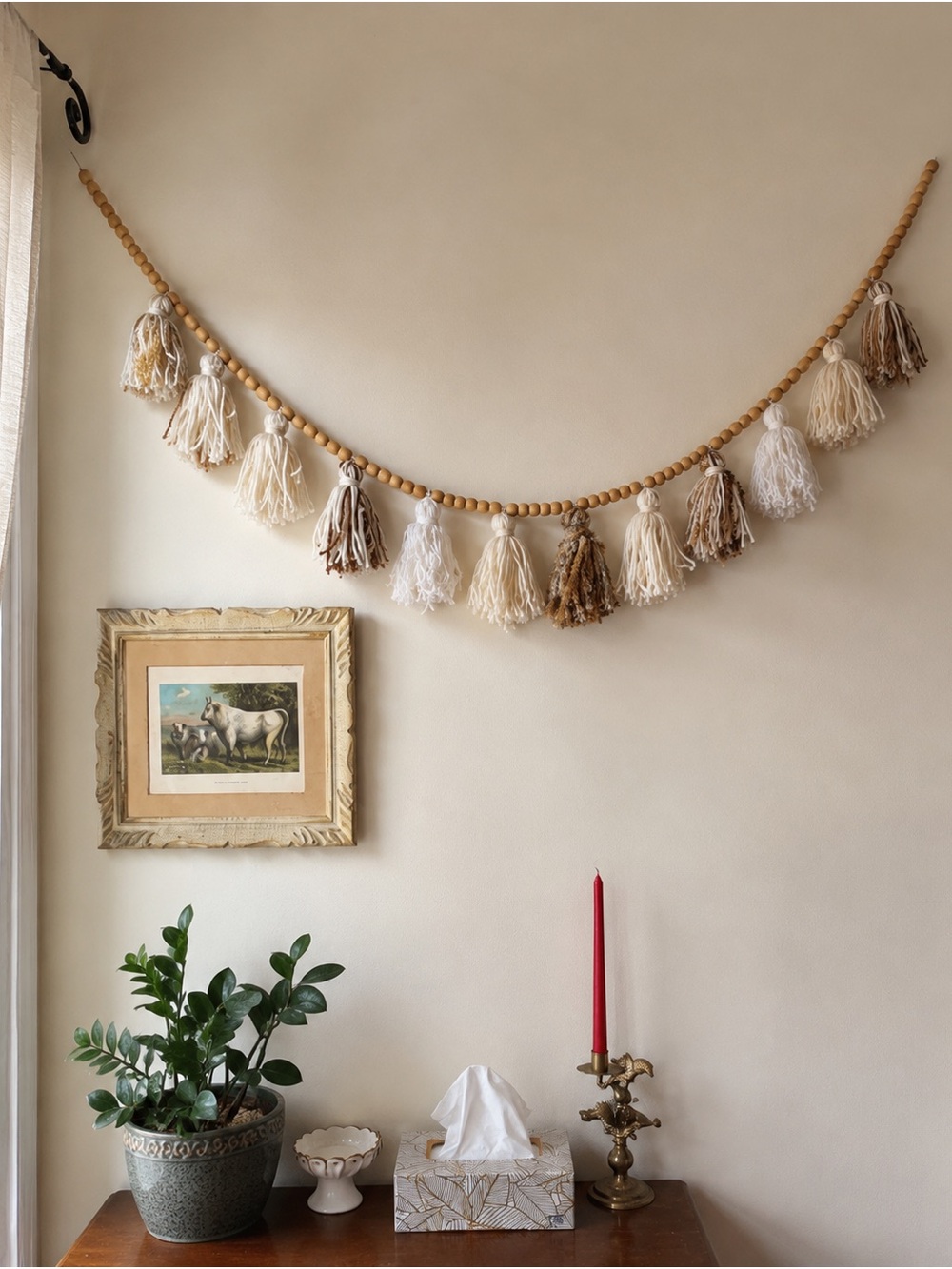 Handmade Wood Bead & Yarn Tassel Garland – Minimalist Wall / Party Decor